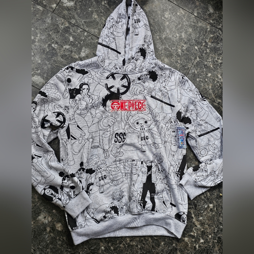 One Piece Boa Hancock AOP‎ Luffy Pirate Embroidered Logo Grey Hoodie Mens M NWT